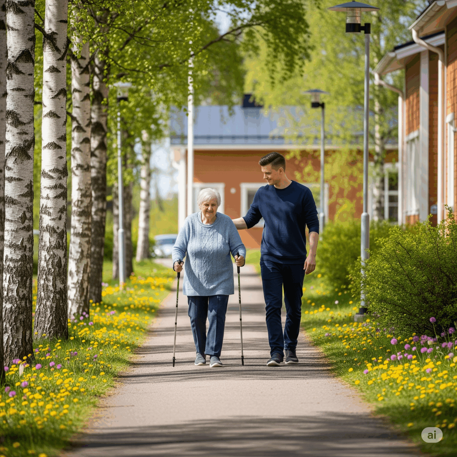 Avustaja ja asiakas kävelyllä