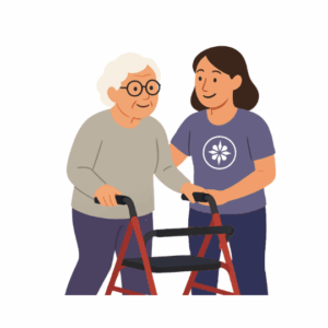 Avustaja ja asiakas rollaattorin kanssa kävelyllä