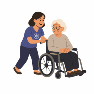 Avustaja ja asiakas ulkoilemassa pyörätuolilla