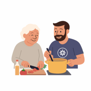 Avustaja ja asiakas tekevät ruokaa