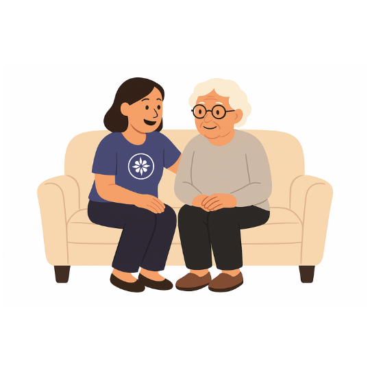 Avustaja ja asiakas istuvat sohvalla