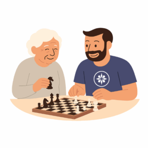 Avustaja ja asiakas pelaavat shakkia