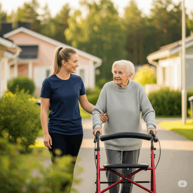 Asiakas ja avustaja kävelyllä ulkoilemassa