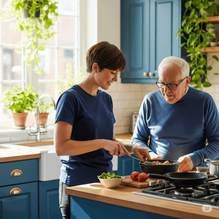 Kotihoito: Avustaja ja asiakas tekevät ruokaa yhdessä